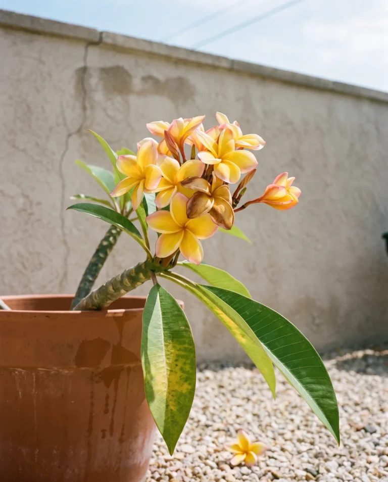 Aztec Gold plumeria with golden yellow flowers edged in pink on a potted plant in a sunny yard