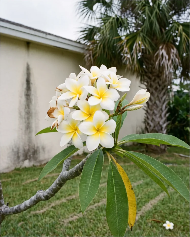 Celadine plumeria with white flowers and large yellow centers in a dense cluster on a yard tree