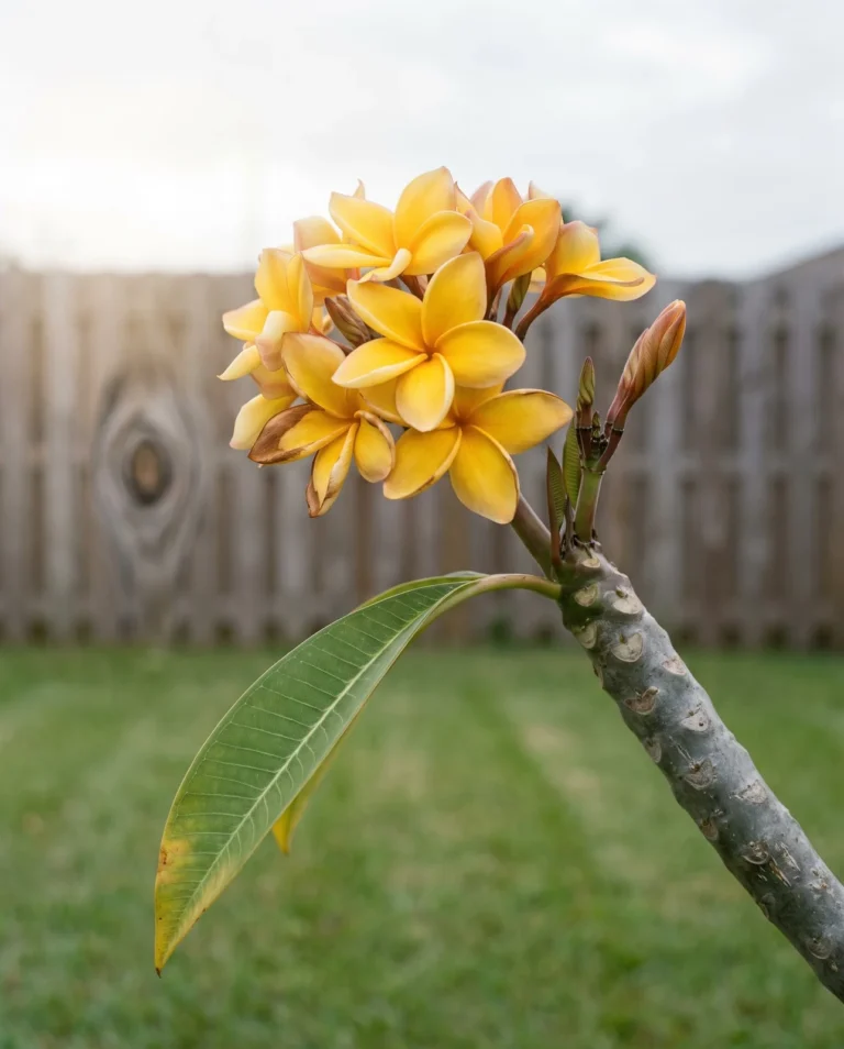 Inca Gold plumeria with deep golden flowers in a tight cluster on a thick branch tip