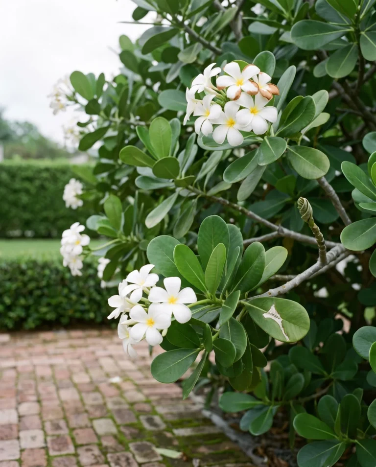 Plumeria obtusa with white flowers and glossy rounded evergreen leaves on a dense small tree