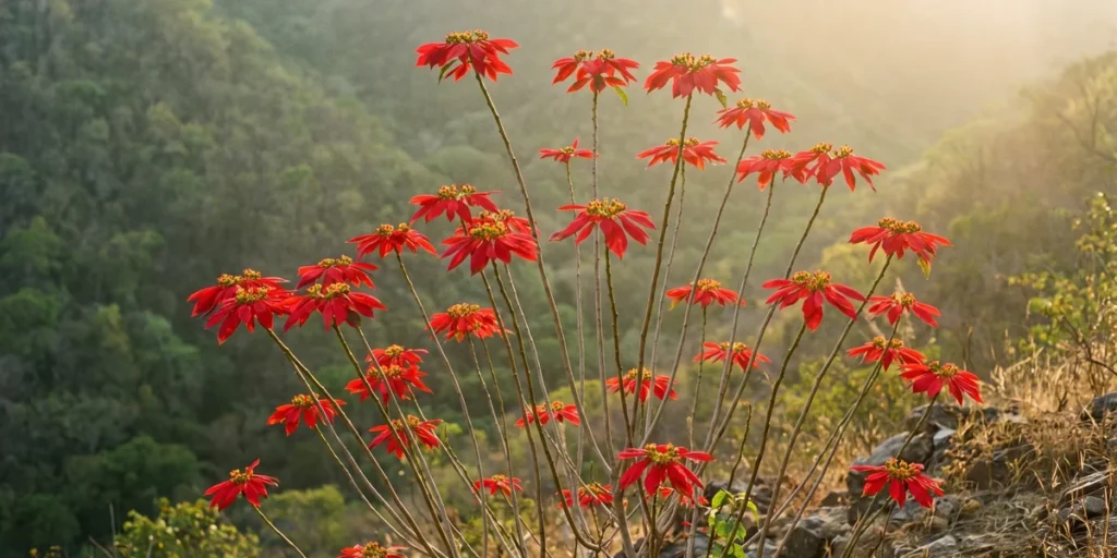 Tall leggy wild poinsettia shrub covered in red bracts growing on a sunny rocky hillside