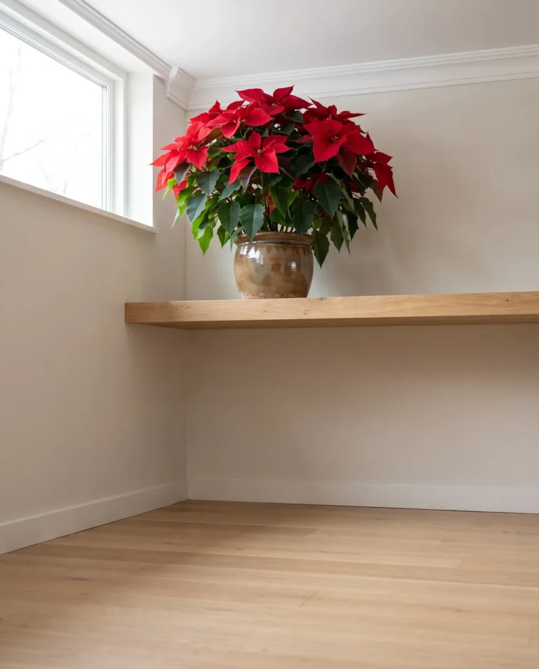 Red poinsettia placed high on a bright wall shelf, safely above floor level