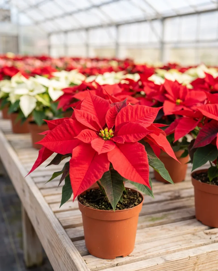 Fresh poinsettia pulled forward on a garden-center bench, its tight green center flowers visible