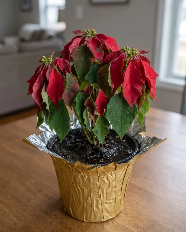 Wilting poinsettia drooping in a gold foil pot with visibly wet dark soil