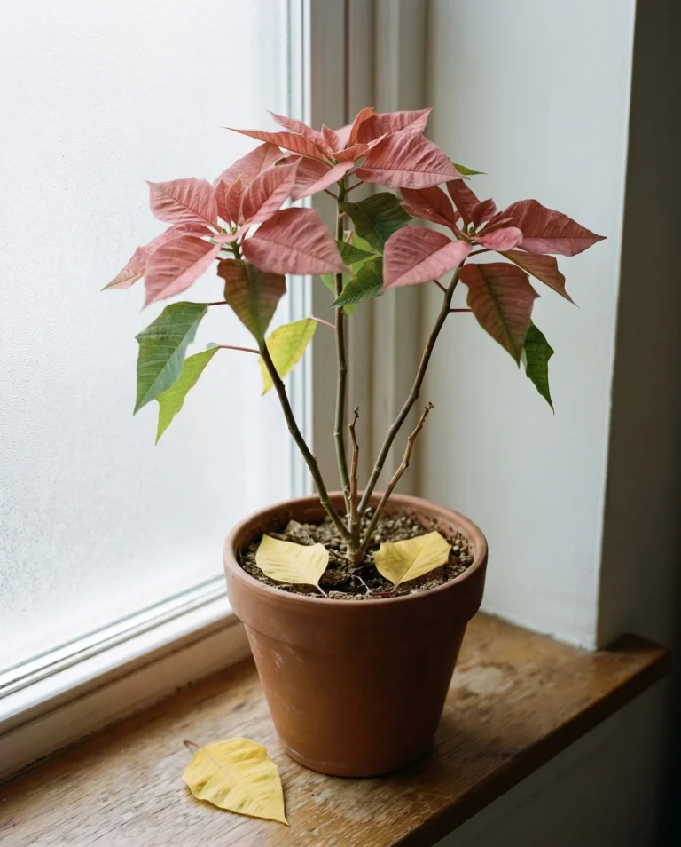 Aging poinsettia in late winter with sparse leaves, fallen yellow leaves on the soil, and fading bracts