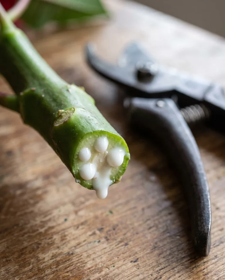 Drops of milky white latex beading at a freshly cut green poinsettia stem