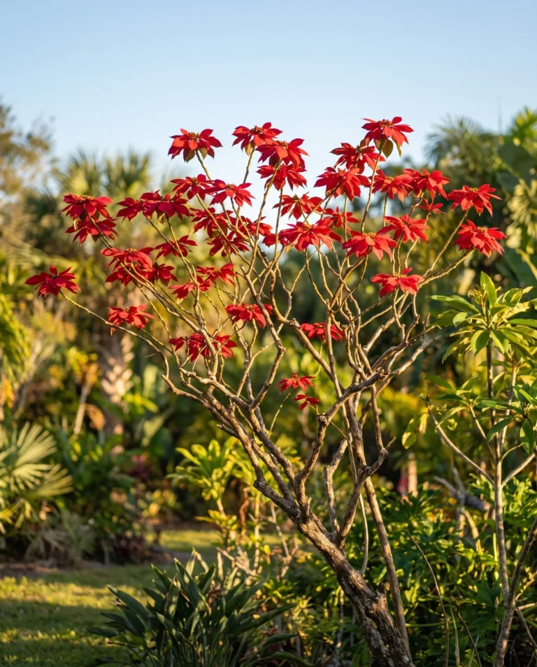 Poinsettia grown as a permanent garden shrub coloring red at head height in a warm climate