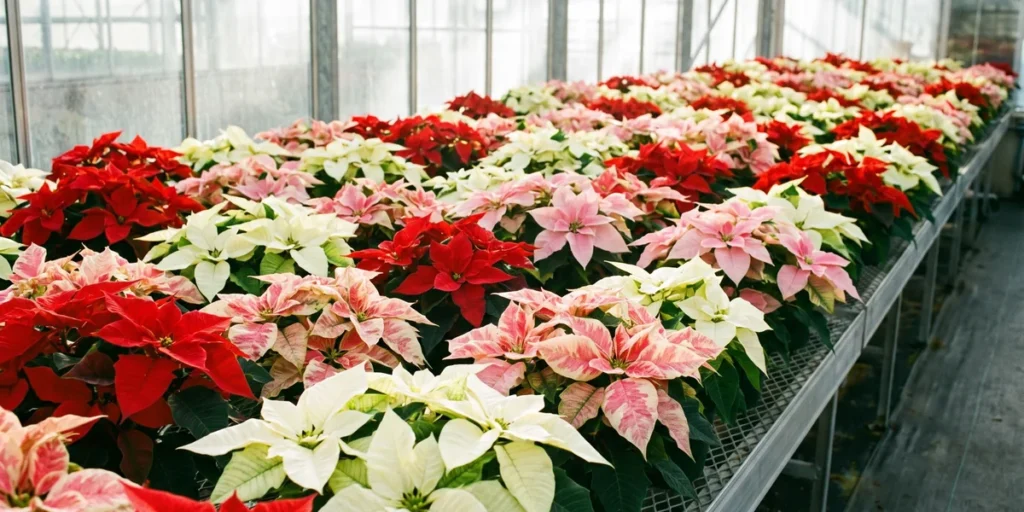 Greenhouse bench filled with red, white, pink and marbled poinsettias in full color