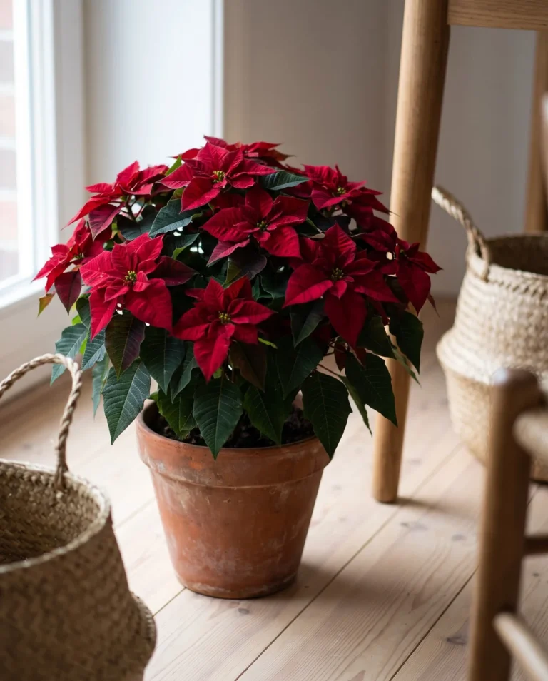 Compact dome-shaped potted poinsettia about two feet tall on a floor beside a chair leg