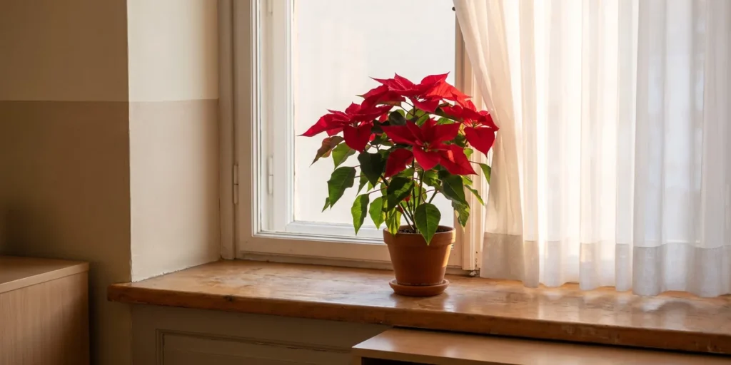 Poinsettia on a sill by an east window with a sheer curtain softening the sun