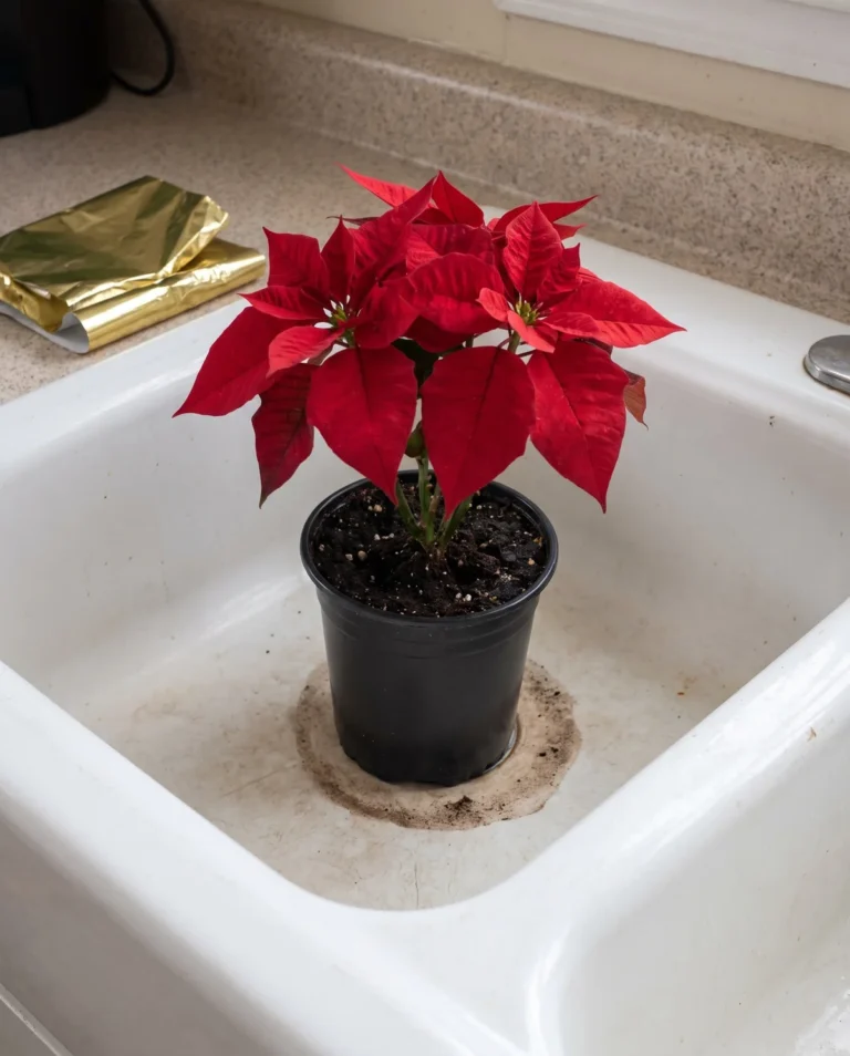 Freshly watered poinsettia resting on the bottom of a kitchen sink to drain, foil wrap set aside