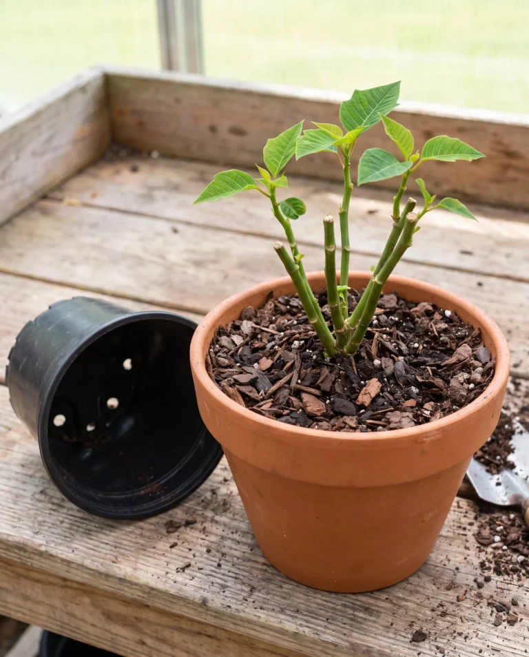 Cut-back poinsettia freshly repotted into a larger terracotta pot in early summer