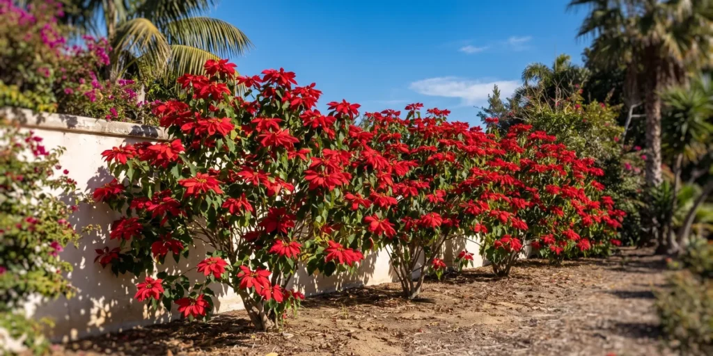 Head-high poinsettia shrubs blooming red along a sunlit stucco wall in a frost-free garden