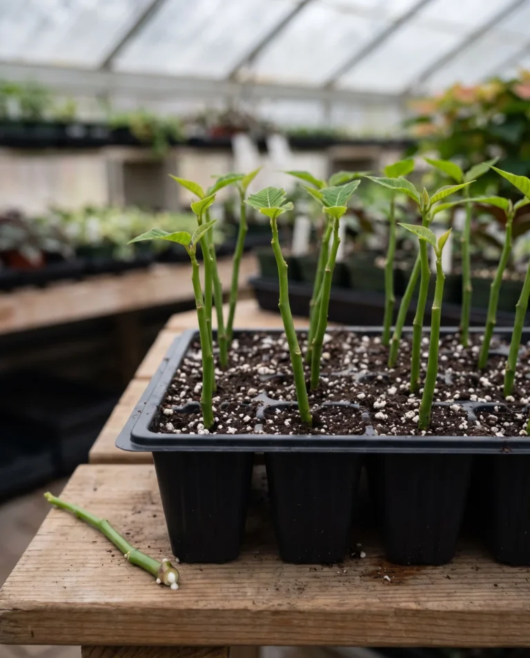 Four-inch poinsettia tip cuttings freshly stuck into a tray of moist rooting mix