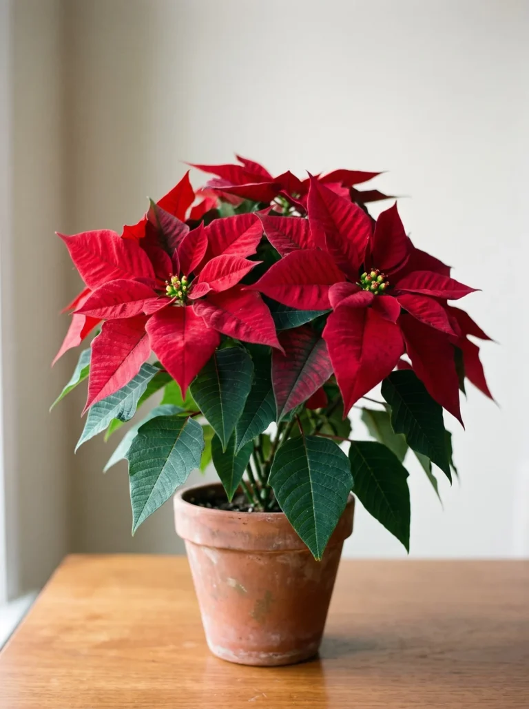 Lush red poinsettia in full color in bright natural winter light