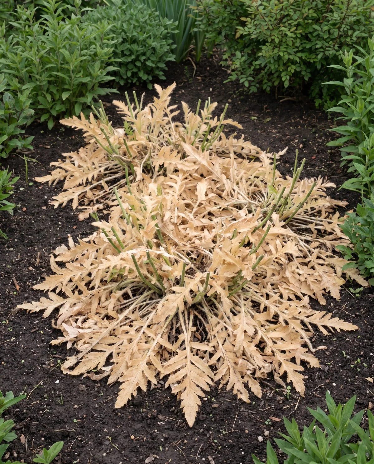 An Oriental poppy clump collapsed evenly into yellow and tan foliage in midsummer, leaving a gap in the border