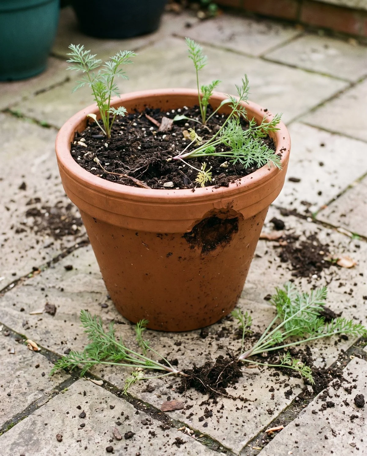 A patio container of sown seedlings dug over by animals, soil scattered on the paving and young plants lying sideways