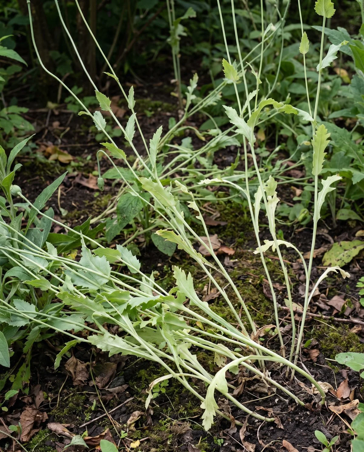 Pale, thin, stretched poppy stems leaning apart along their whole length with sparse foliage
