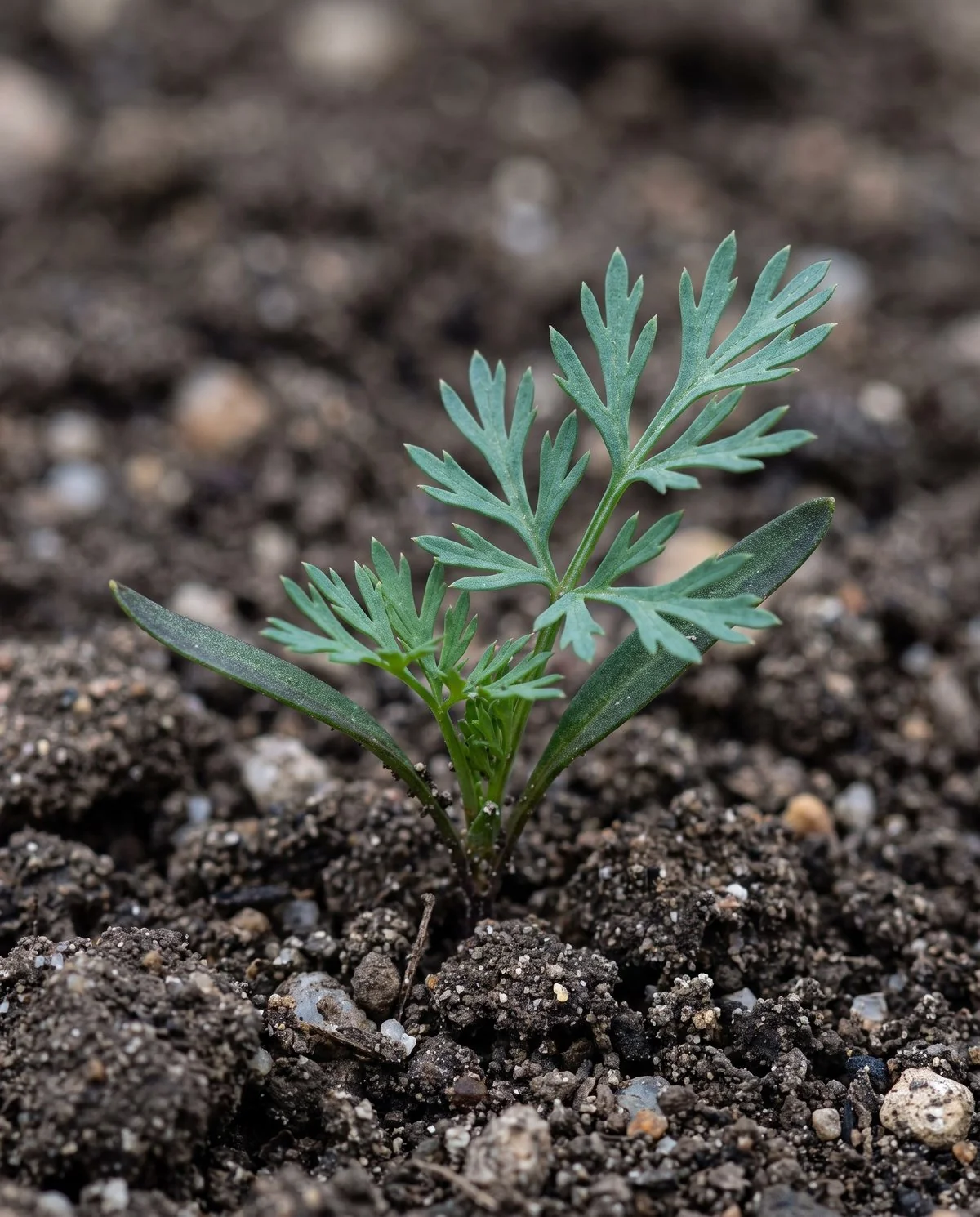 A young poppy seedling with slender forked seed leaves and blue-green finely divided carrot-like true leaves