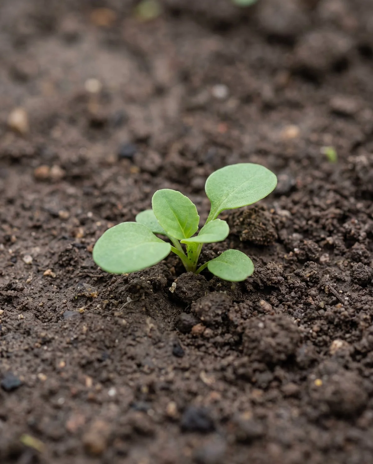 A generic broad-leaved green weed seedling in bare soil, plain green rather than blue-green and not finely divided
