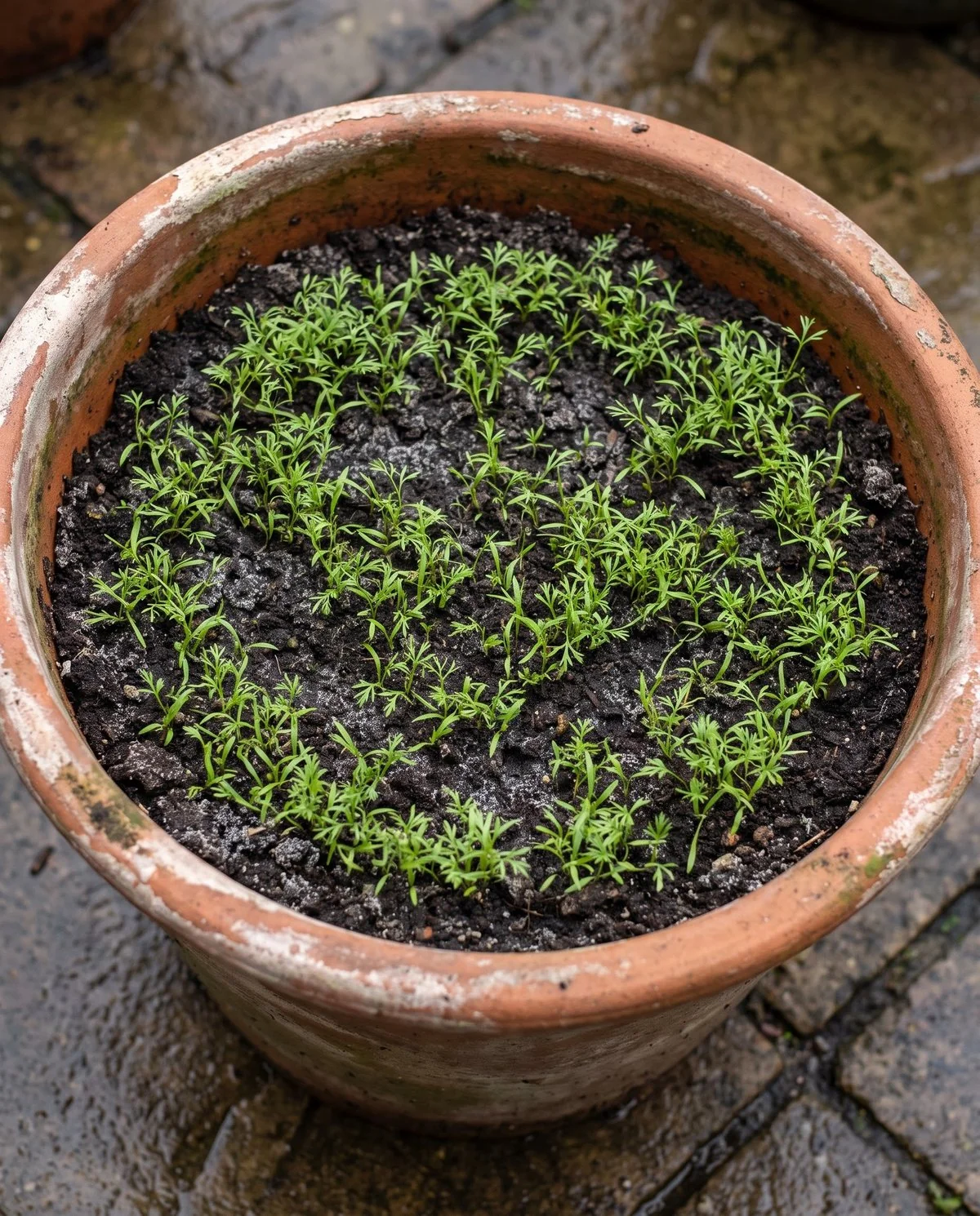 An undisturbed container with even rows of fine seedlings coming up through an intact soil surface
