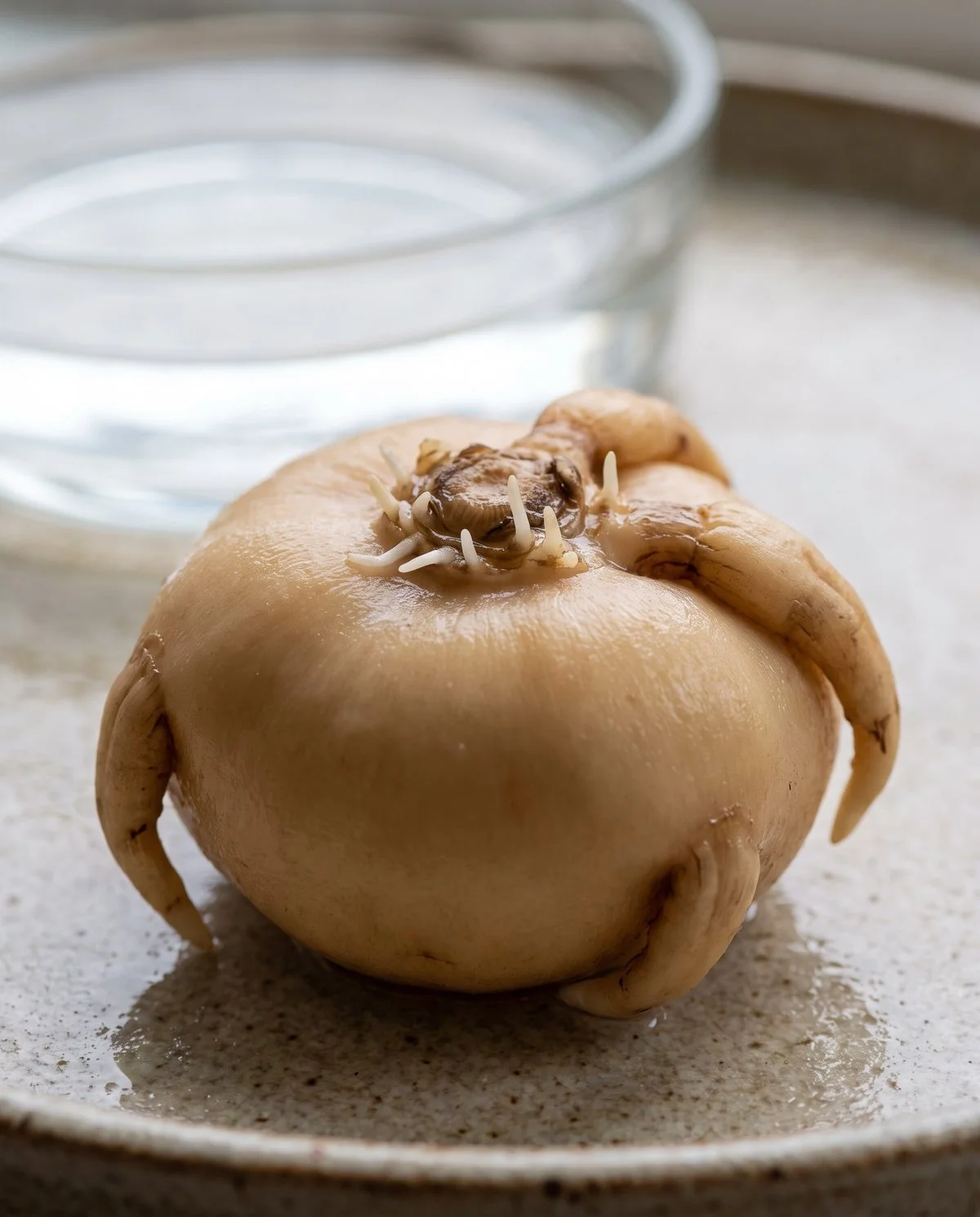 A soaked ranunculus corm swollen to about twice its dry size, firm and pale tan with fine white rootlets starting from the crown