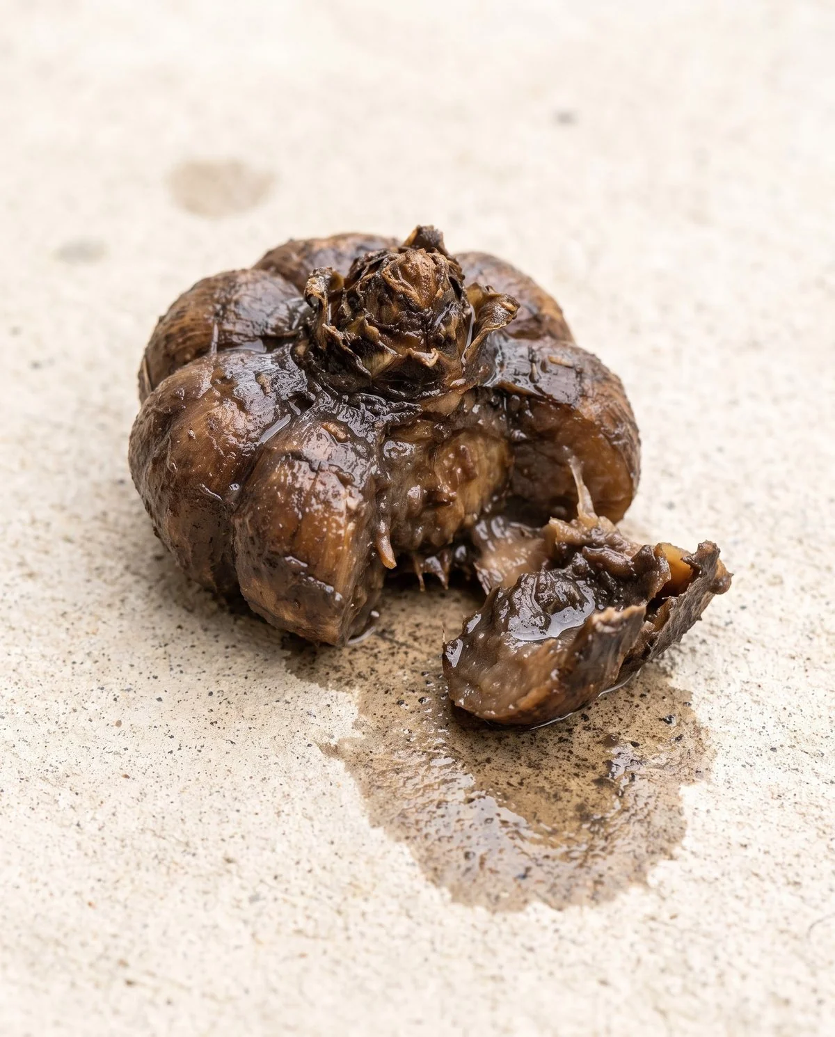 A rotted ranunculus corm gone soft and dark, slumped out of shape with one claw collapsing
