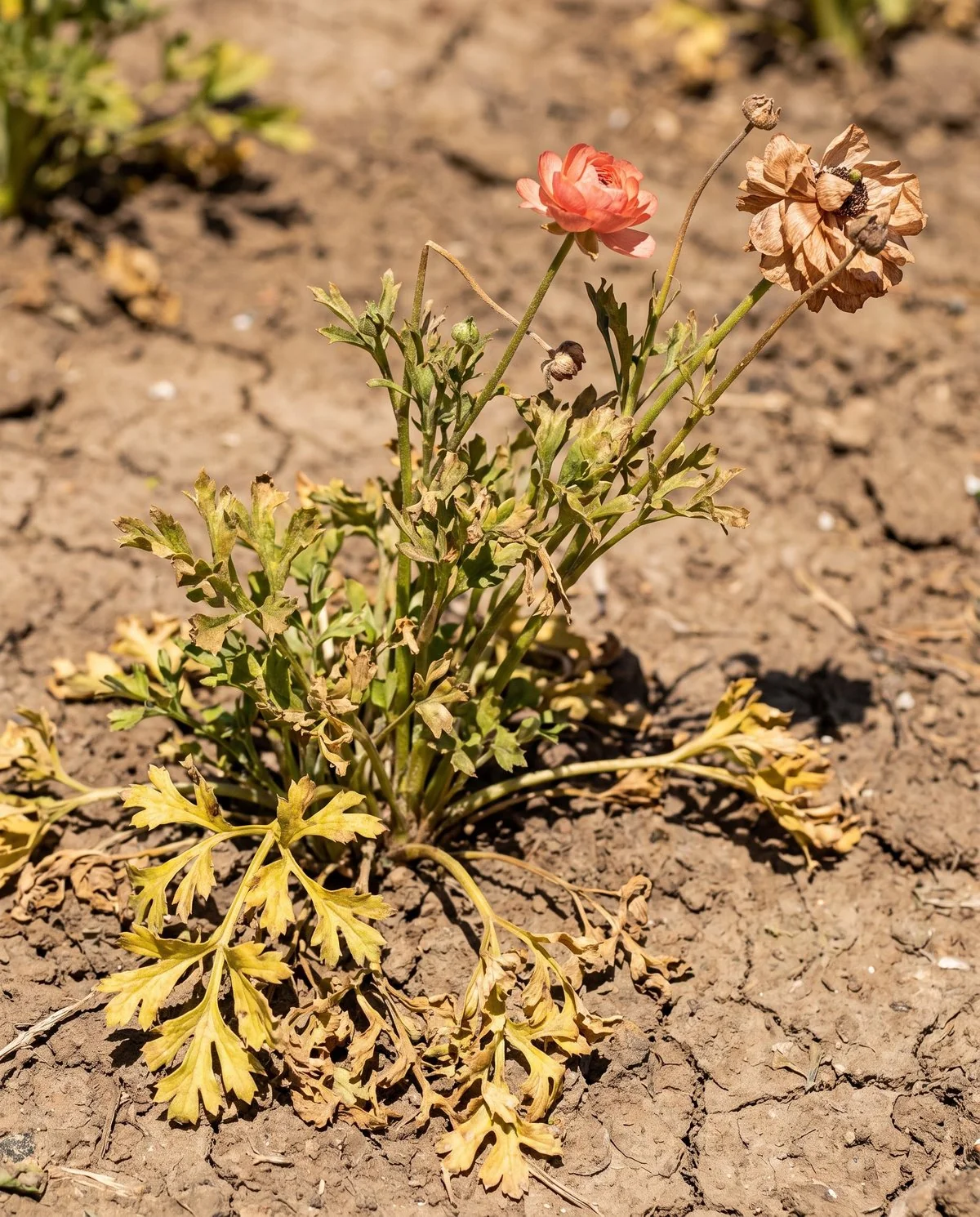 A ranunculus plant shutting down in heat, foliage yellowing from the base upward with the last small bloom half its earlier size