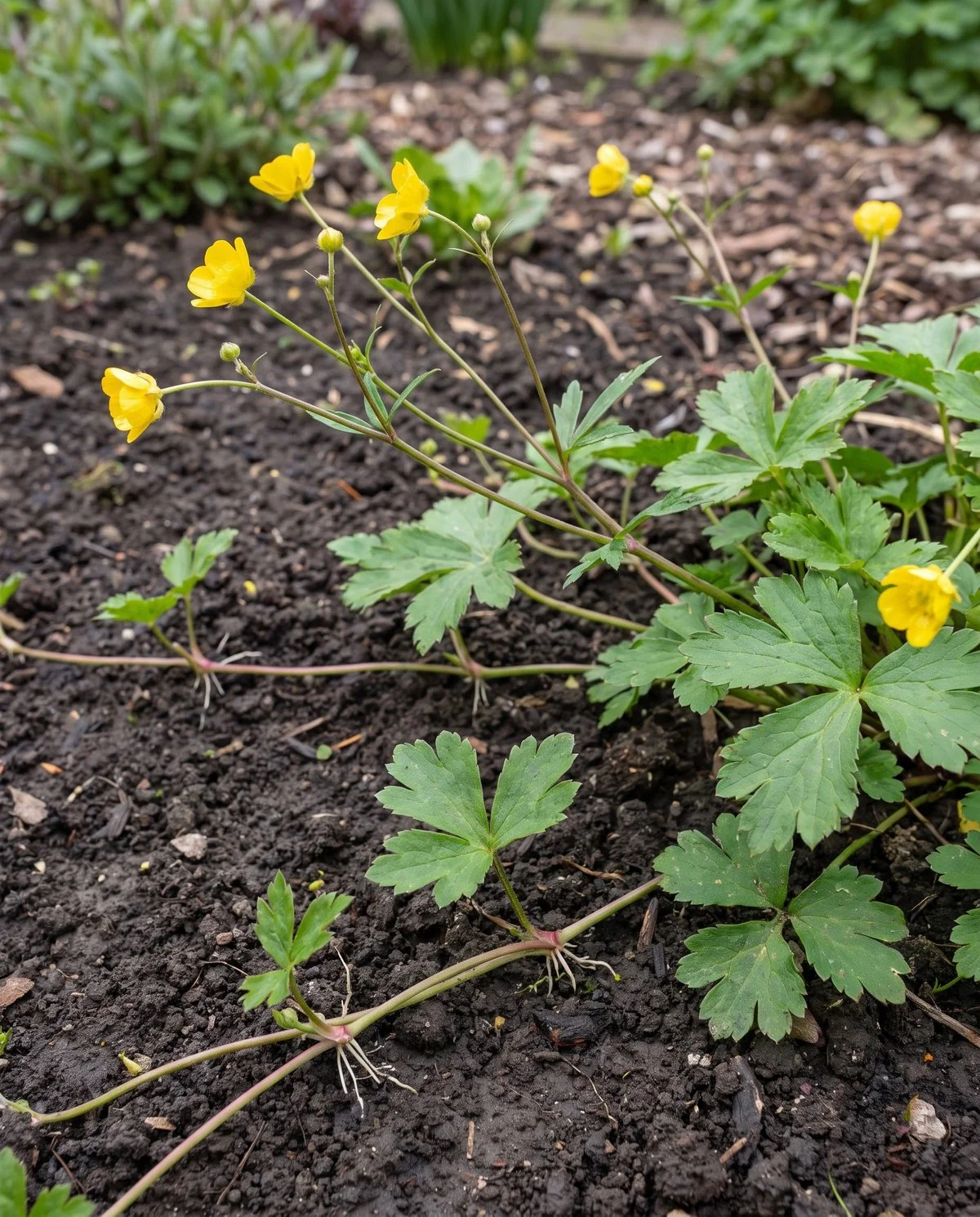 Creeping buttercup in the same kind of bed, small glossy five-petalled yellow flowers on running stems above broad lobed leaves