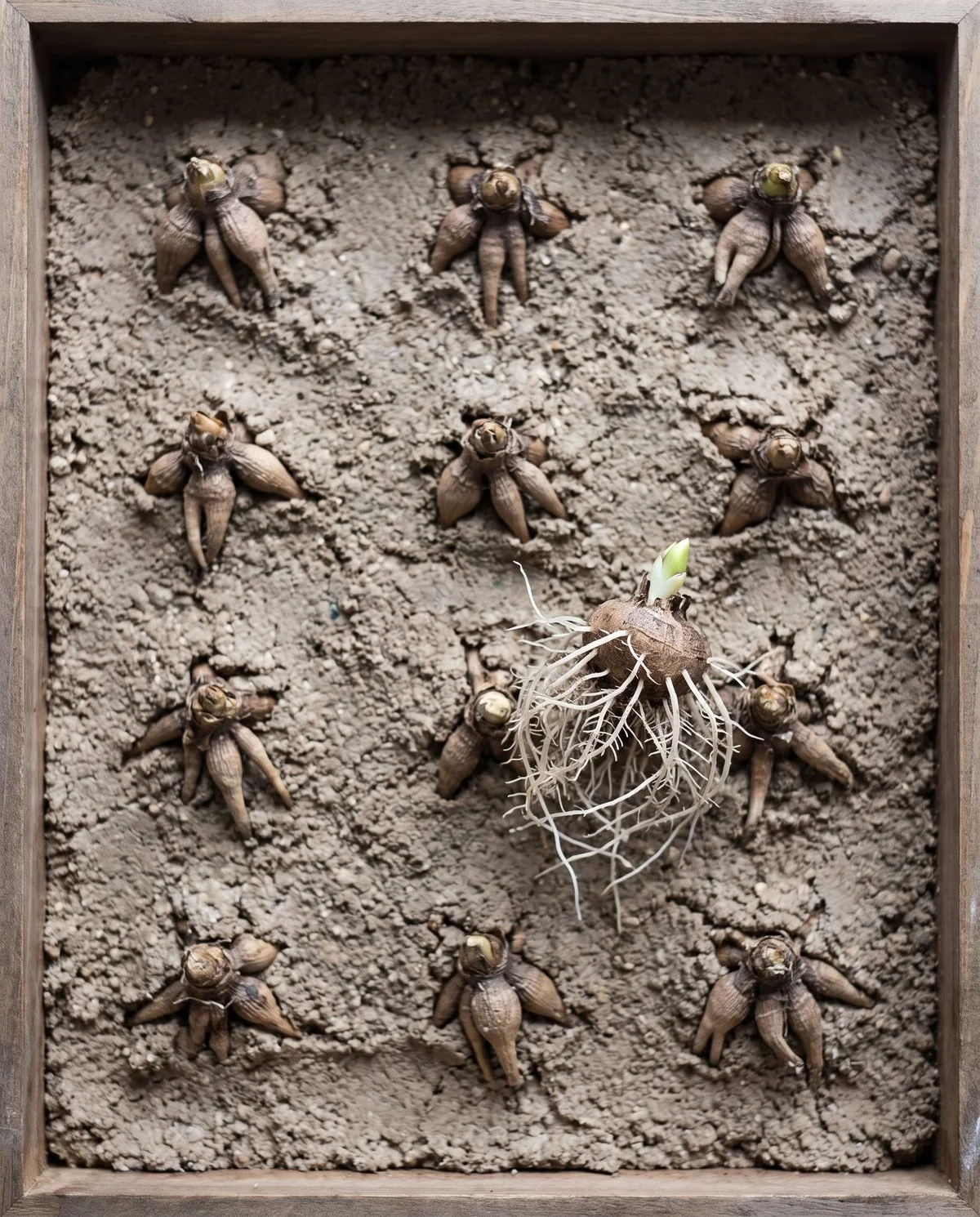A shallow tray of barely damp media with soaked ranunculus corms set claws down, white rootlets showing on one lifted corm