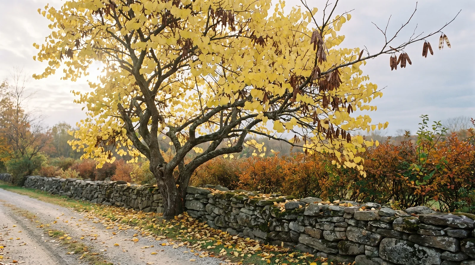 Wide view of a redbud in clear yellow fall color with brown seed pods hanging beside a stone wall