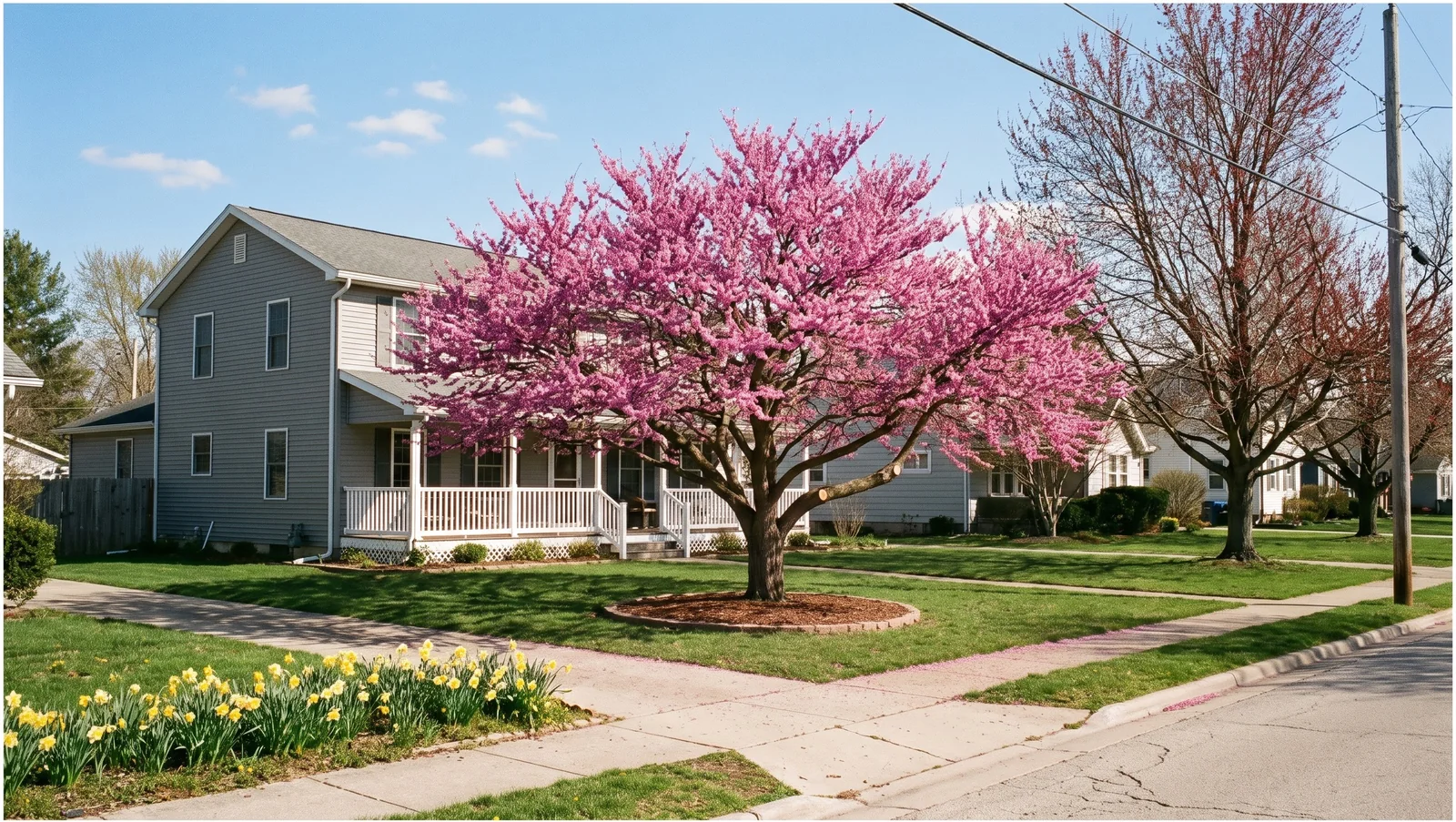 Wide view of a redbud in bloom set back from a sidewalk in a front yard with a house behind