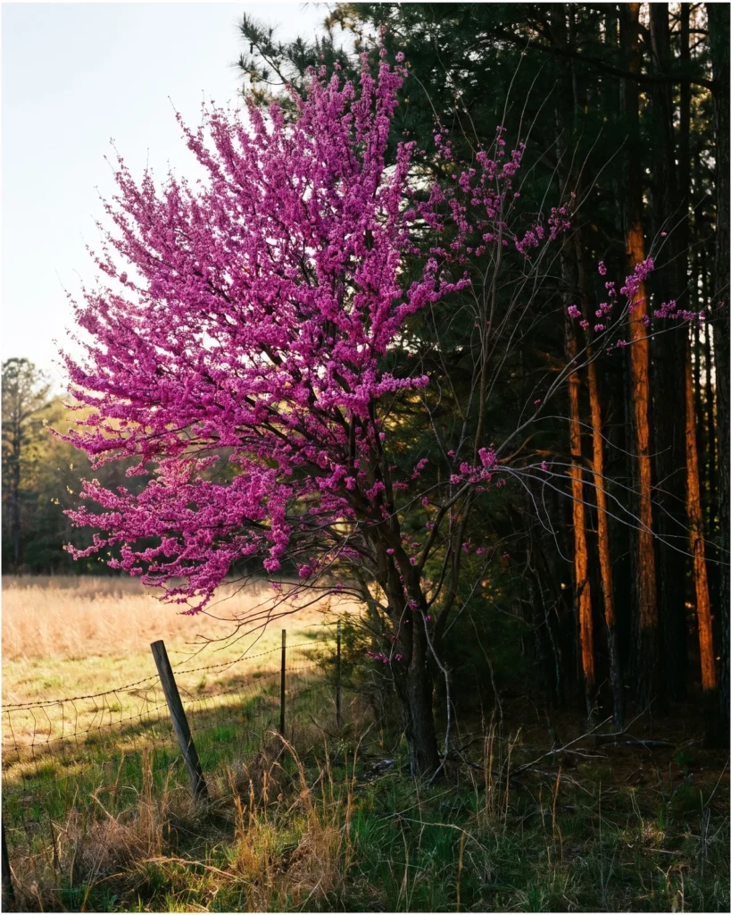 A redbud growing at a woodland edge with its sunlit side in heavy bloom and its shaded side sparse