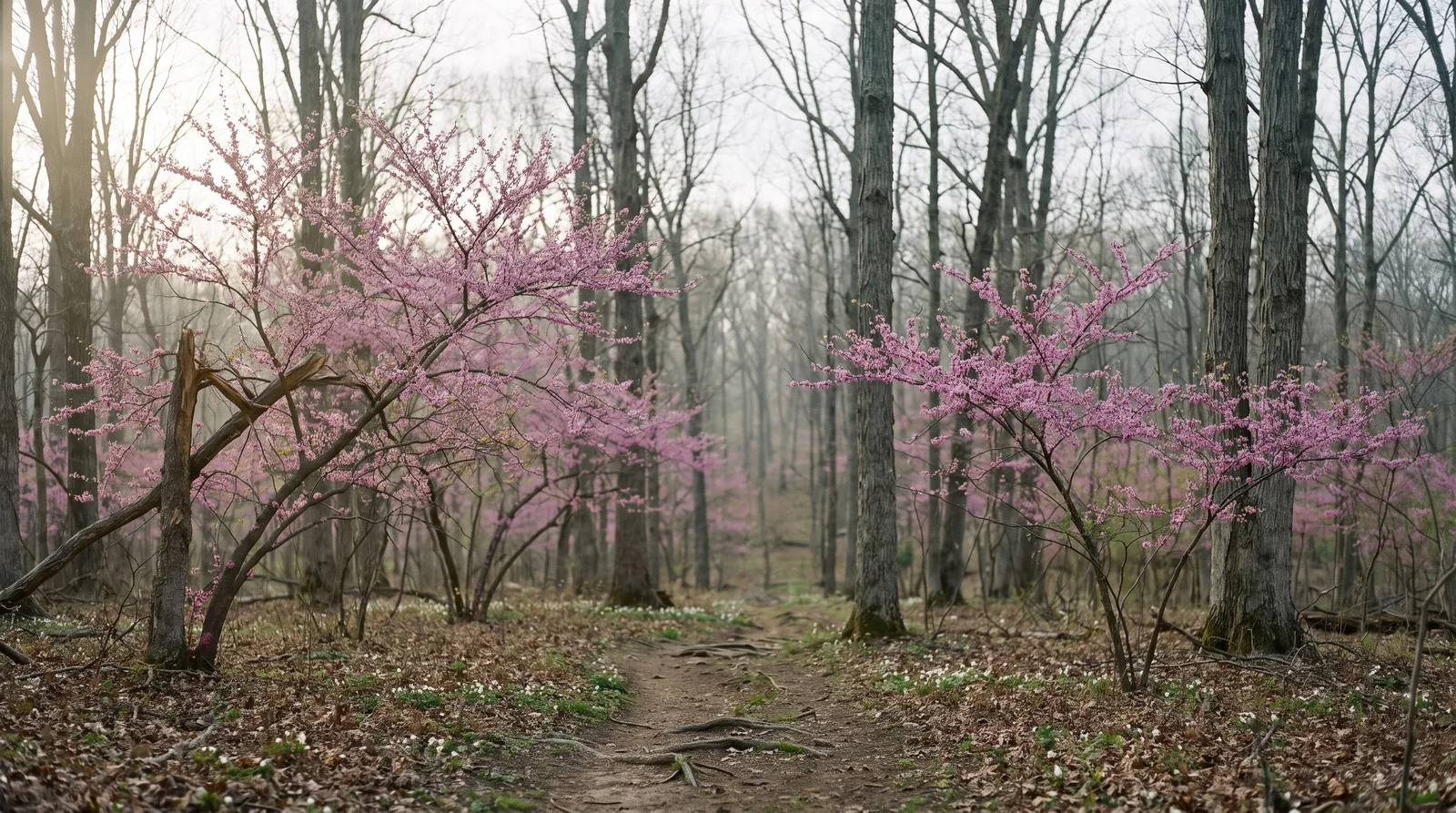Wide view of wild redbuds blooming pink in the understory of a bare oak and hickory woodland in spring