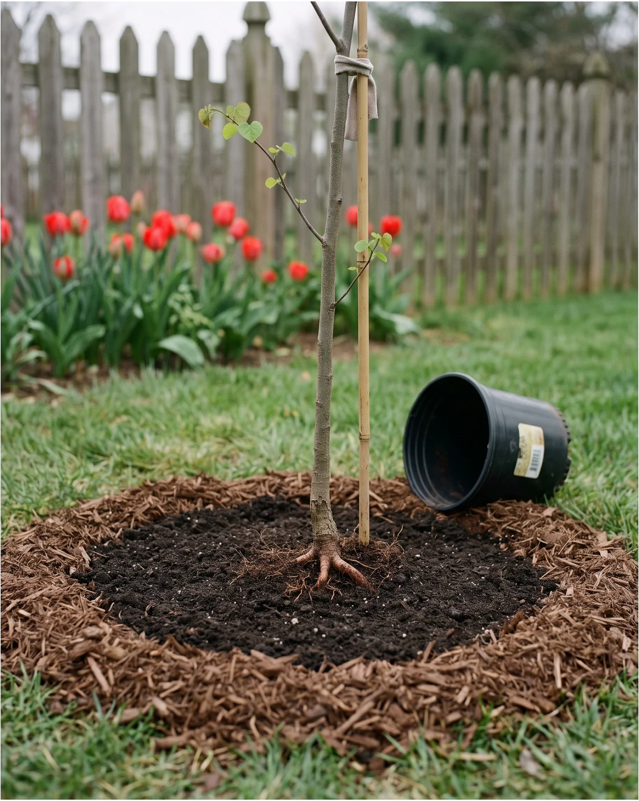 A small container-grown redbud newly planted in a lawn with root flare at grade and a mulch ring in spring