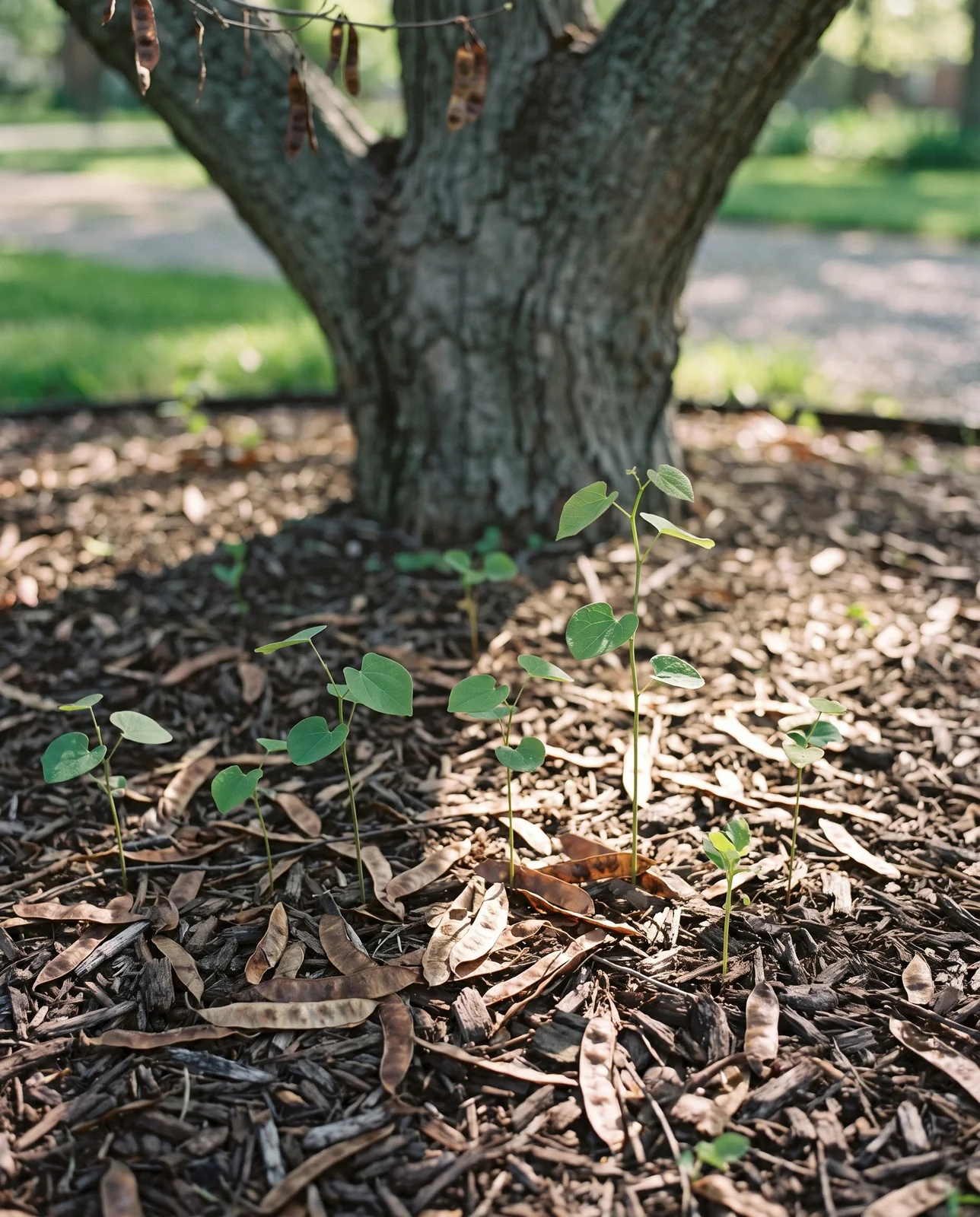 Volunteer redbud seedlings with heart-shaped leaves sprouting under a mature tree among fallen brown pods