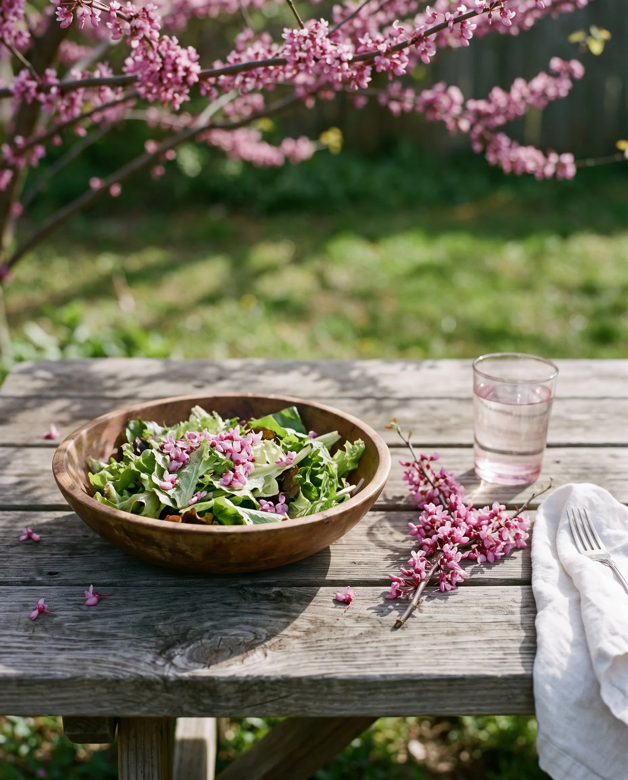 A bowl of green salad scattered with fresh pink redbud flowers on a wooden picnic table outdoors