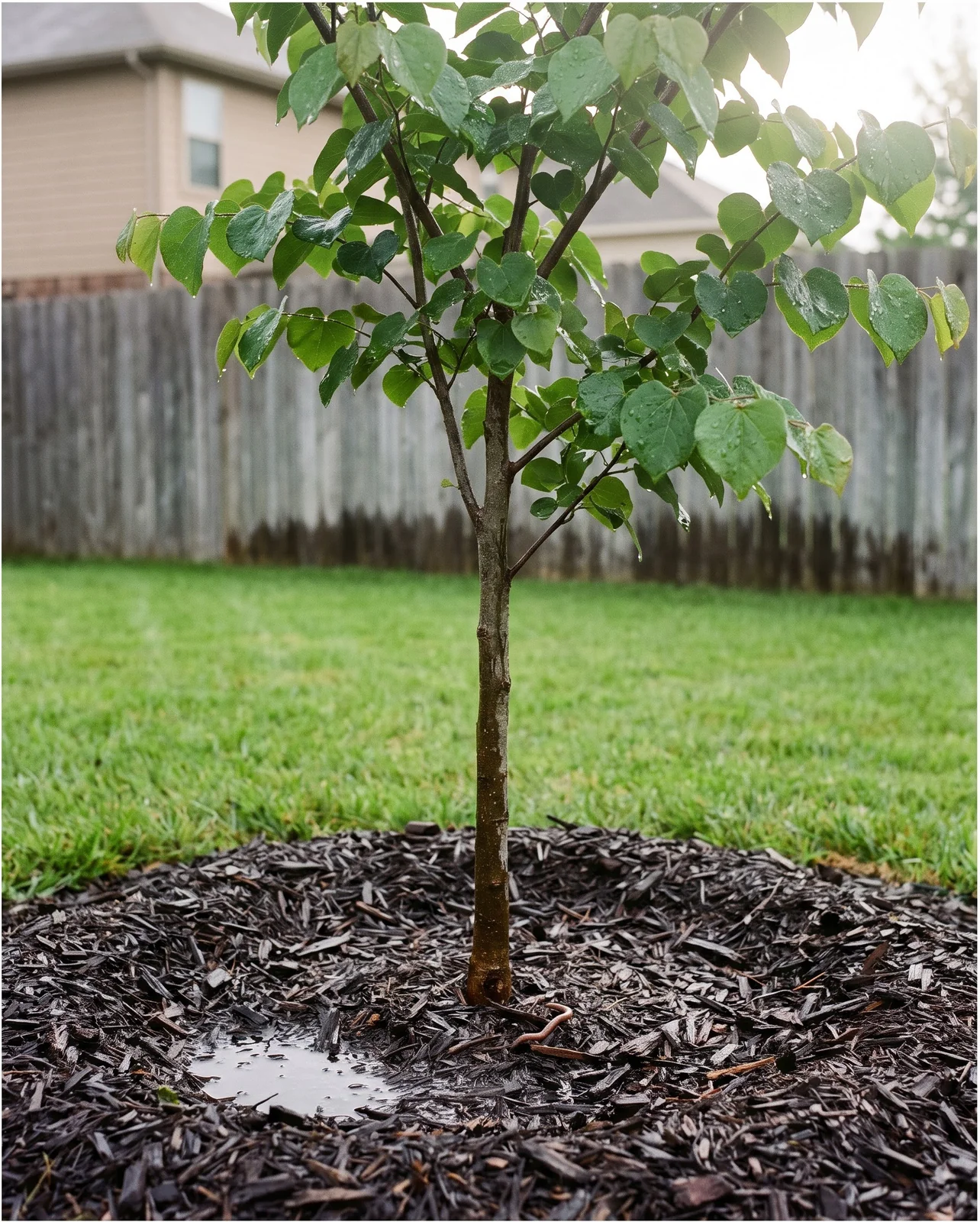 A young redbud in a wide mulch ring in a lawn after rain, the mulch dark and wet and leaves glossy
