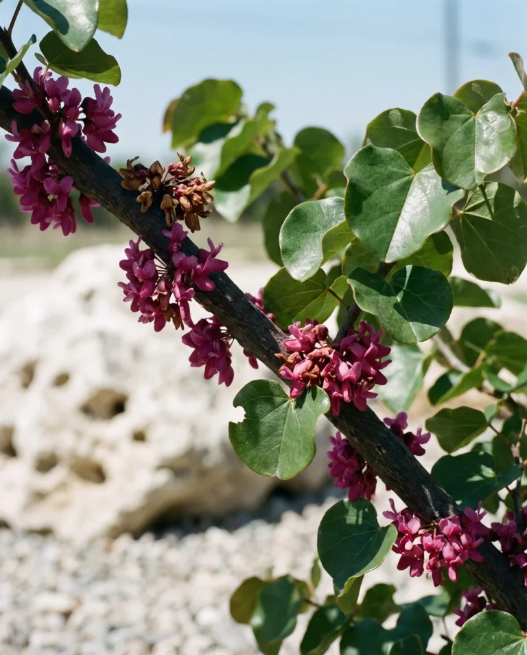 Texas redbud branch with thick glossy rounded leaves and wine-pink flowers in hard sun