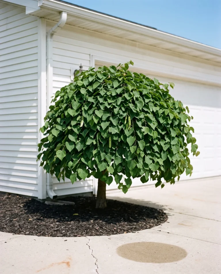 Ace of Hearts compact redbud with a dense dome of small heart leaves beside a garage