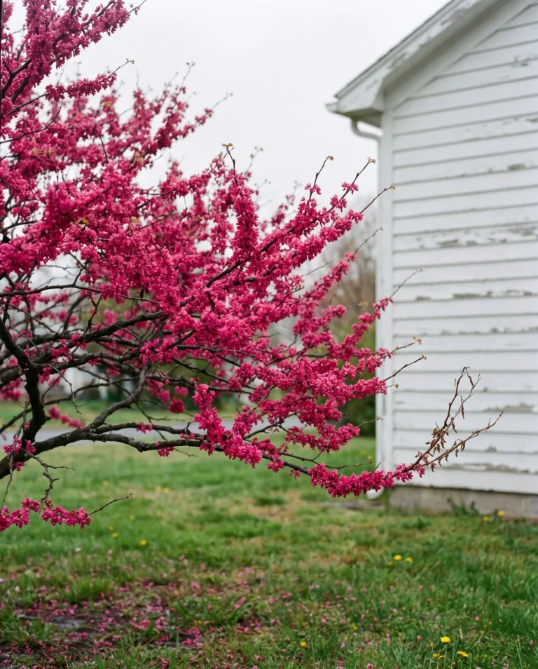 Appalachian Red redbud with hot pink-red flowers on bare branches against a grey spring sky