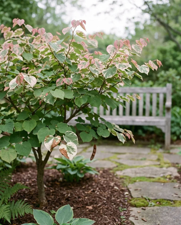 Carolina Sweetheart redbud with new leaves edged in pink and white over green on a spring shoot