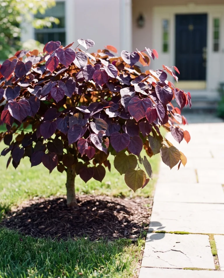 Forest Pansy redbud with glossy deep purple heart-shaped leaves in a front yard in May