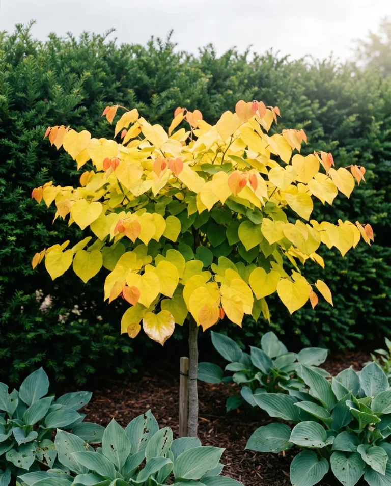 Hearts of Gold redbud with bright golden heart-shaped leaves against a dark hedge