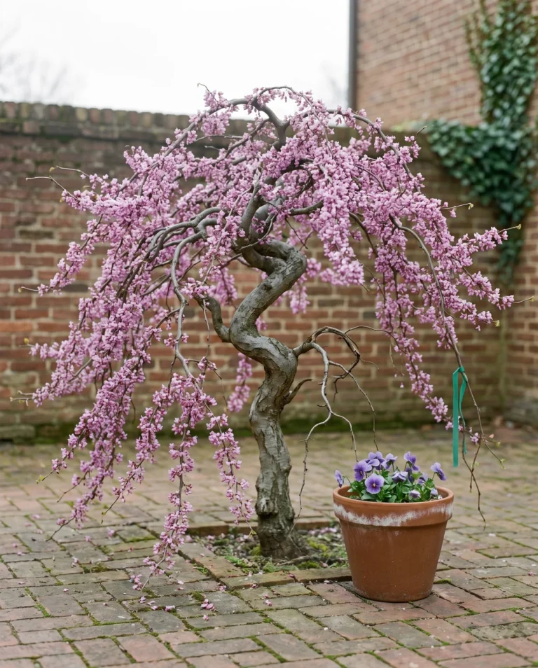 Lavender Twist weeping redbud with twisted trunk and cascading pink-flowered branches in a courtyard