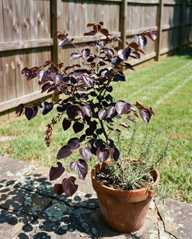 Merlot redbud with small glossy dark purple leaves and a compact upright crown beside a patio