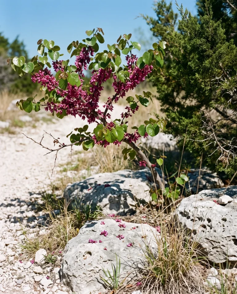 Oklahoma redbud with deep wine-pink flowers and glossy thick leaves on a dry Texas hillside