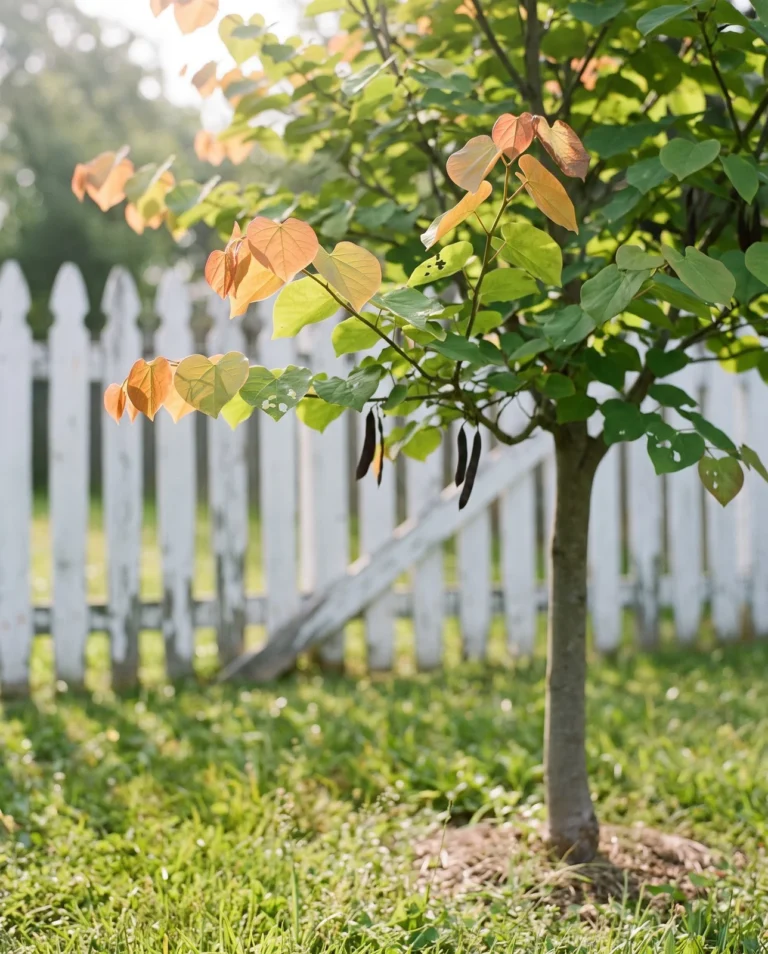 The Rising Sun redbud with new leaves in apricot, gold and lime on one branch in summer