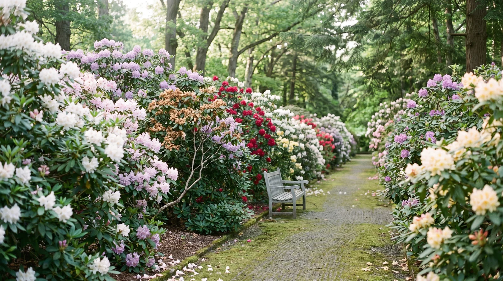 Wide view of a long bed of rhododendrons in white, pink, lavender, red and yellow bloom under tall trees