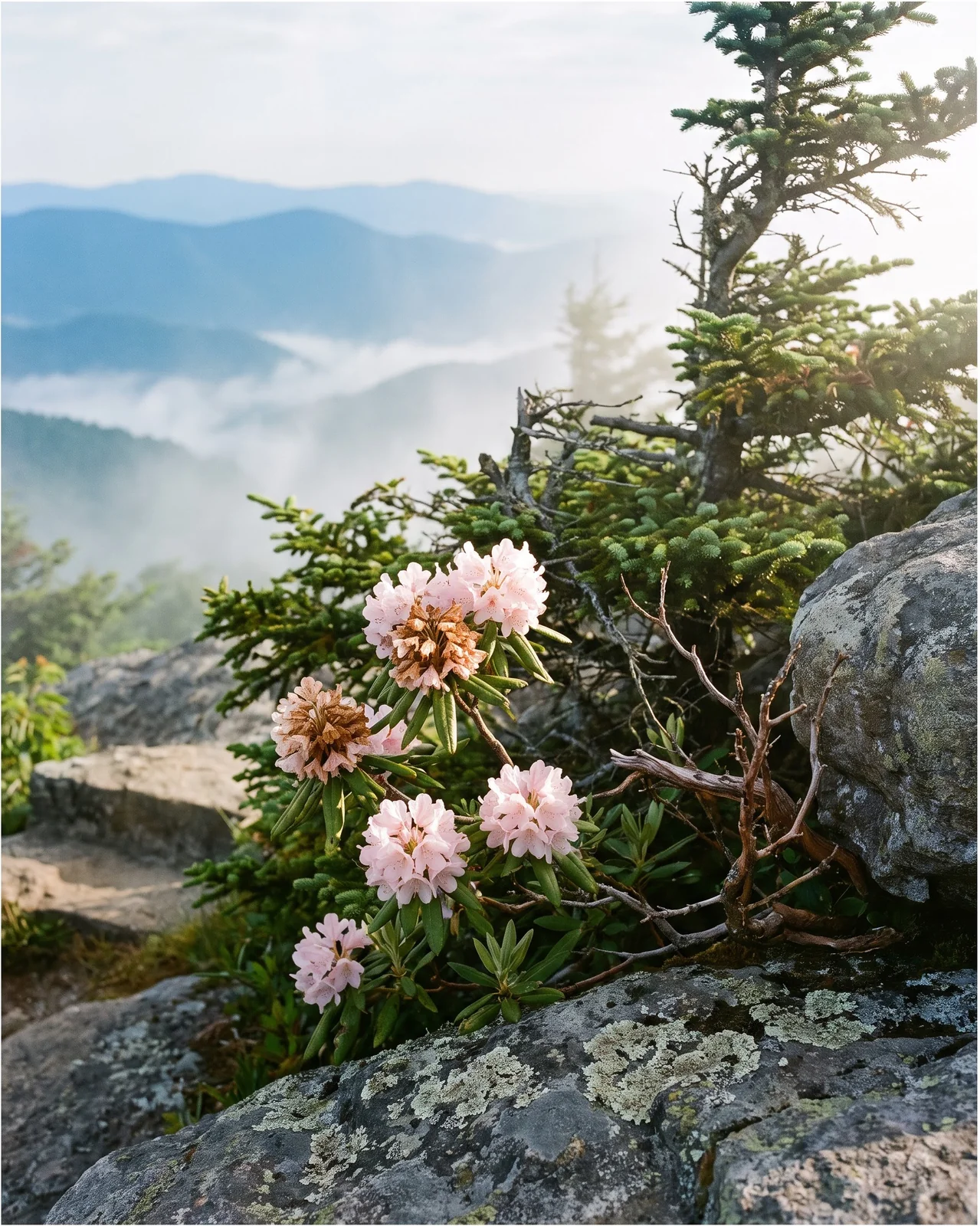 Rhododendrons in bloom at a misty mountain overlook with blue ridges fading behind in West Virginia